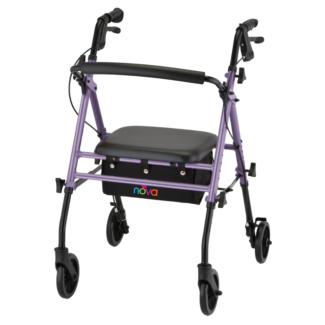 The Nova Buzz KD Lightweight Folding Rollator is purple and black, features four wheels, hand brakes, a padded seat, and a black storage pouch labeled "nova" under the seat.